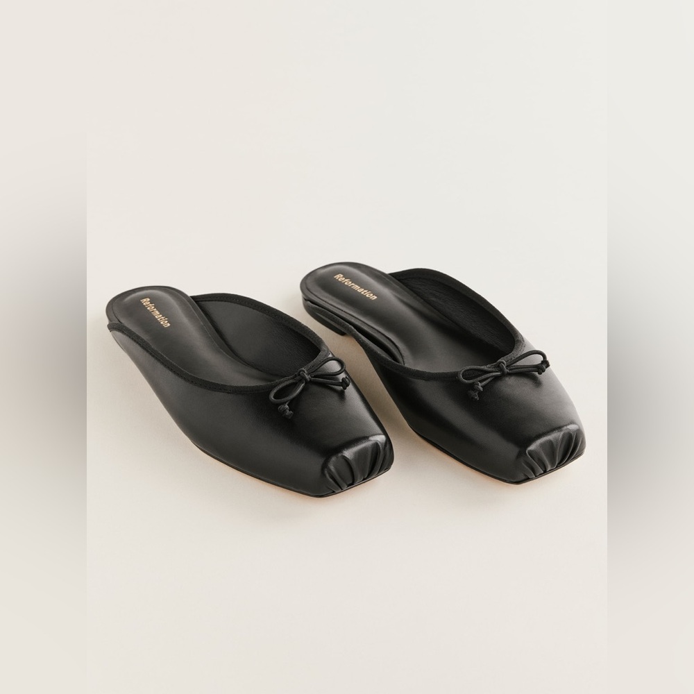 Reformation Black Mules with Bow Detail